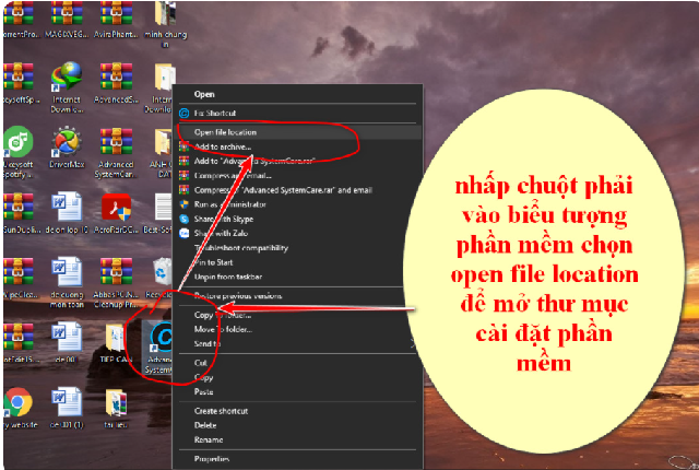 Nhấp chuột phải và chọn Open file location tại thư mục Advanced SystemCare được cài đặt
