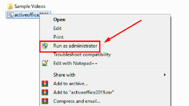 Chạy lệnh Admin cho tệp tin Activeoffice2019