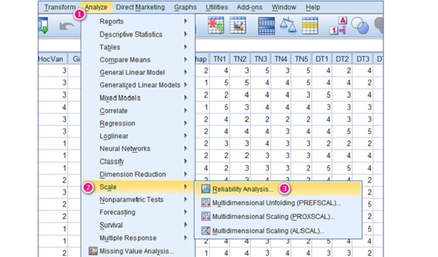 Nhấn theo thứ tự Analyze >> Scale >> Reliability Analysis
