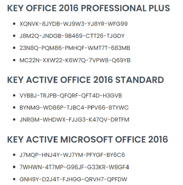 Một số Key kích hoạt