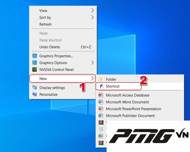 Ảnh 11: Bấm chuột phải tại màn hình desktop, di chuyển đến mục "New" và bấm chọn "Shortcut" Ảnh 11: Bấm chuột phải tại màn hình desktop, di chuyển đến mục "New" và bấm chọn "Shortcut"
