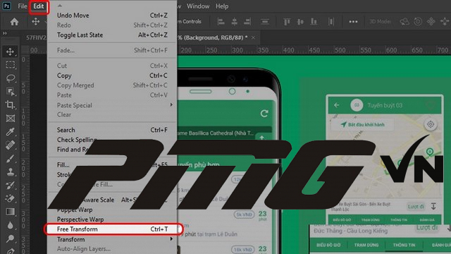 Ảnh 11: Di chuyển đến mục Edit, bấm mục chức năng Free Transform Ảnh 11: Di chuyển đến mục Edit, bấm mục chức năng Free Transform