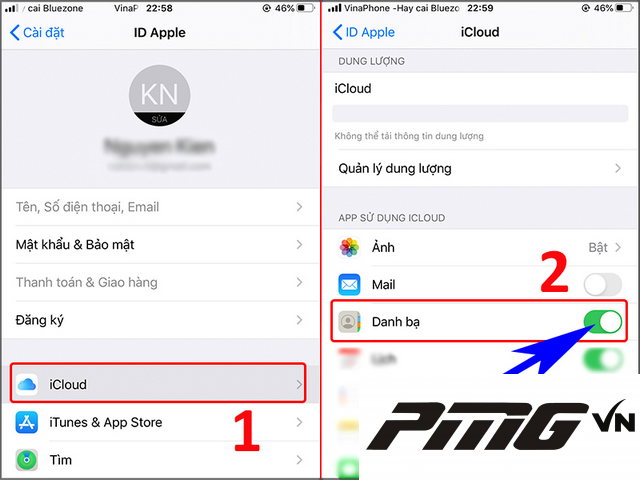 Ảnh 2: Trong mục iCloud hãy chọn ngay Danh bạ Ảnh 2: Trong mục iCloud hãy chọn ngay Danh bạ