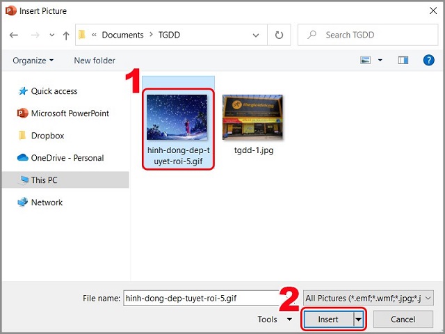 Chọn ảnh cần chèn và chọn Insert để chèn ảnh động vào PowerPoint Chọn ảnh cần chèn và chọn Insert để chèn ảnh động vào PowerPoint