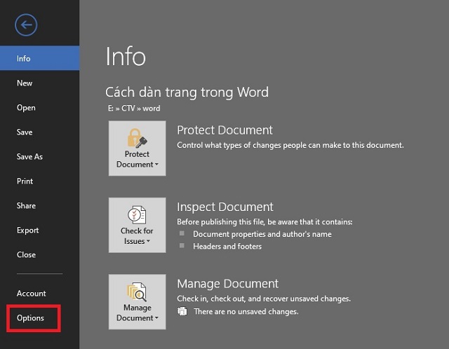 Vào Home chọn File rồi chọn tiếp Options Vào Home chọn File rồi chọn tiếp Options