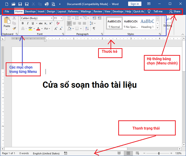 Vùng làm việc của word 2019