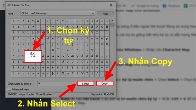 3 cách chèn ký tự trong Word cực nhanh, cực đơn giản 13 Hộp thoại yêu cầu bạn chọn ký tự cần chèn vào word xuất hiện, bạn click vào ký tự đó và làm theo hướng dẫn trong hình