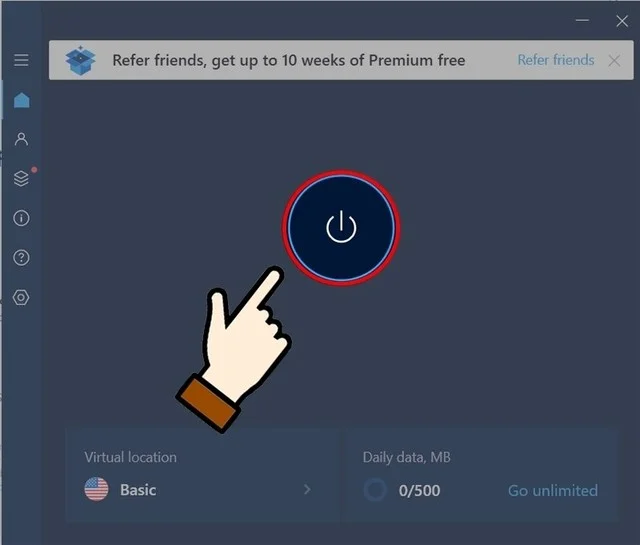 Cài đặt Hotspot Shield bản full crack vô cùng đơn giản 14 Nhấn vào nút nguồn để kết nối IP VPN.
