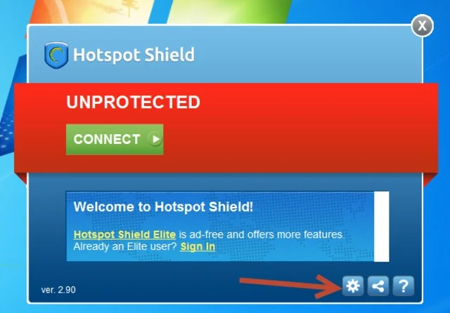 Cài đặt Hotspot Shield bản full crack vô cùng đơn giản 4 Nhấn vào biểu tượng bánh răng để bắt đầu thiết lập thông số.