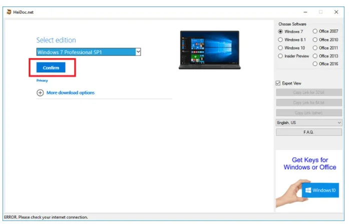 Hướng dẫn cách download Win 7 trực tiếp từ Microsoft 5 Ảnh 4: Xác nhận bằng cách nhấn chọn nút Confirm