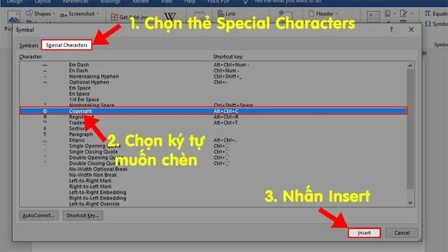 3 cách chèn ký tự trong Word cực nhanh, cực đơn giản 5 Hộp thoại xuất hiện yêu cầu bạn chọn ký tự cần chèn, bạn làm theo hướng dẫn trong ảnh