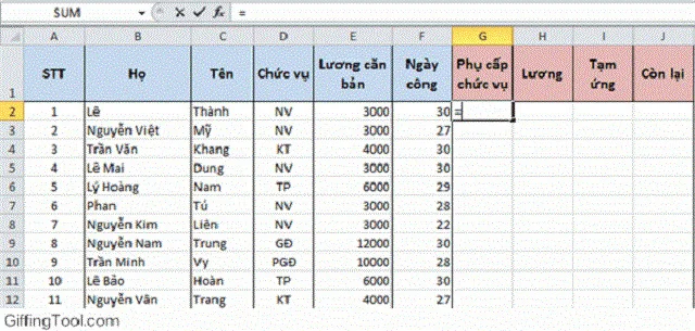 Bài tập excel có lời giải, tính phụ cấp chức vụ bằng hàm IF
