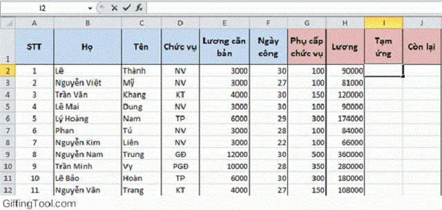 Bài tập excel có lời giải, tính tạm ứng bằng cách kết hợp hàm