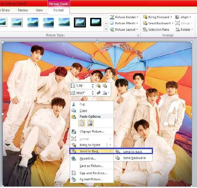 Bấm chọn vào Send to back và Send to back để chèn hình chìm
