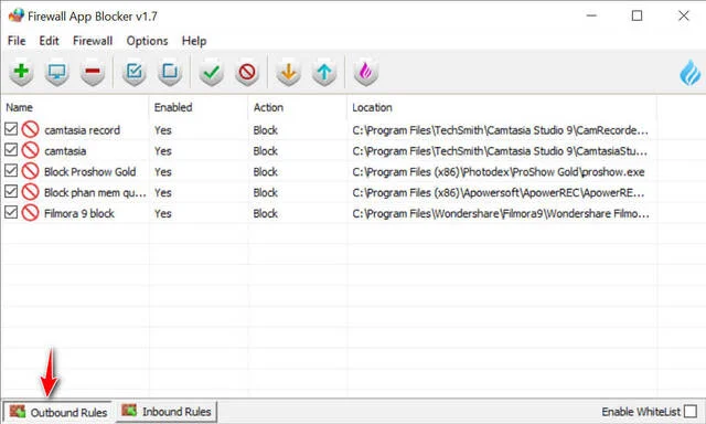 Các luồng truy cập vào thì sẽ nhấn chọn outbound rules trên giao diện Firewall App Blocker