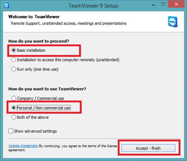 Hướng dẫn tải và cài đặt teamviewer vĩnh viễn 9 Nhấn chọn các lựa chọn in đỏ trên bảng hiển thị và nhấp vào Accept