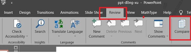 Bí quyết để thực hiện tốt các cách ghép 2 bài PowerPoint một cách nhanh nhất 8 Chọn Compare trên tab Review