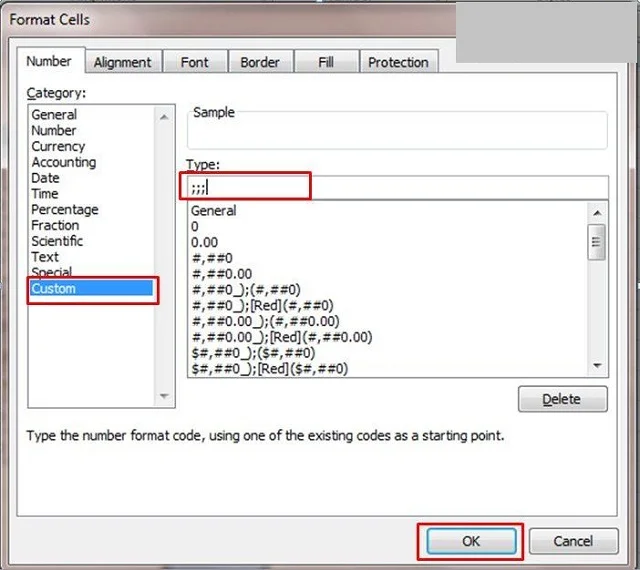 Bật mí ngay 4 cách ẩn cột trong Excel đơn giản 13 Chọn Custom trong mục Number và bấm 3 dấu chấm phẩy vào type