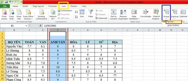 Bật mí ngay 4 cách ẩn cột trong Excel đơn giản 9 Chọn Data rồi click vào Group và chọn Group tiếp