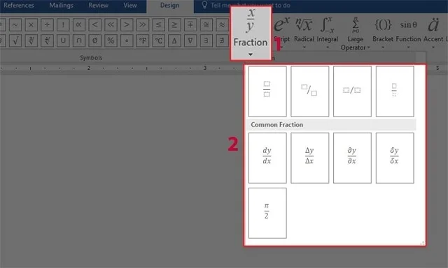 Trọn bộ các cách viết phân số trong Word đơn giản và dễ dàng 4 Chọn Fraction rồi chọn kiểu phân số