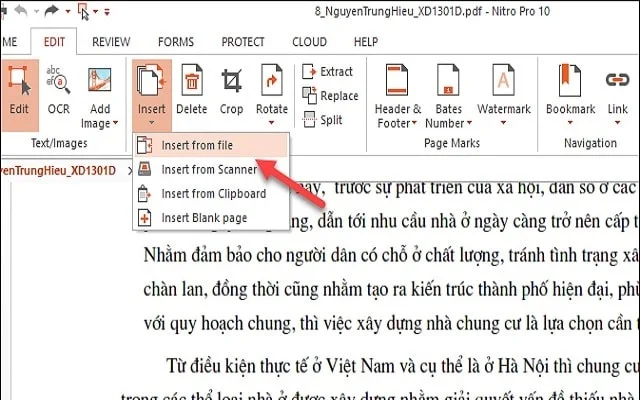Hướng dẫn cài đặt phần mềm Nitro PDF Pro 13 mới nhất 21 Chọn Insert from file để chèn thêm file PDF khác