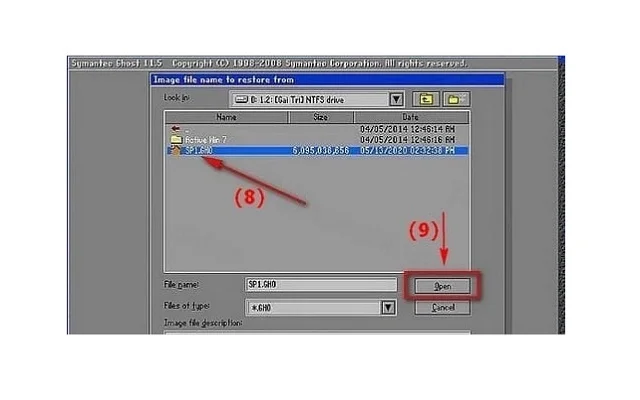 Hướng dẫn cách Ghost Win 7 tại nhà đơn giản nhất 14 Chọn Open để mở file