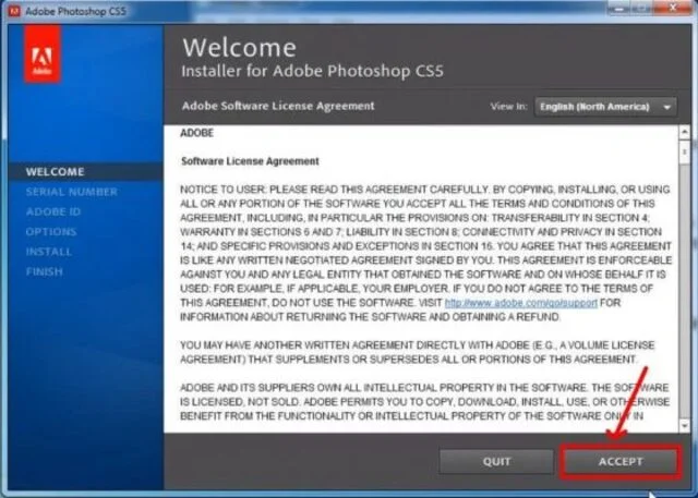 Chọn accept để đồng ý điều khoản và cài đặt Photoshop CS5