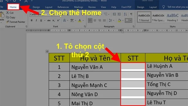 Bí quyết để sở hữu một số cách đánh số thứ tự trong Word nhanh và khoa học 7 Chọn cột thứ 2 muốn đánh số thứ tự rồi chọn thẻ Home