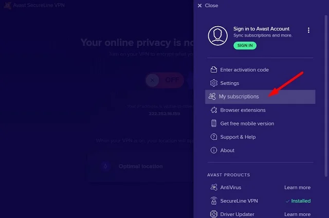 Đánh giá tổng quan về công cụ Avast SecureLine VPN 10 Chọn mục My Subscriptions