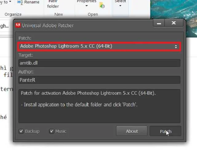 Hướng dẫn chi tiết tải phần mềm Lightroom CC 2017 full crack 10 Chọn phần mềm cài đặt tại Patch