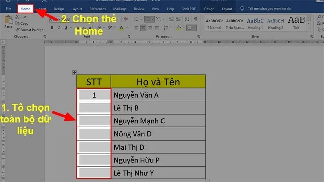 Bí quyết để sở hữu một số cách đánh số thứ tự trong Word nhanh và khoa học 5 Chọn toàn bộ cột muốn đánh số thứ tự
