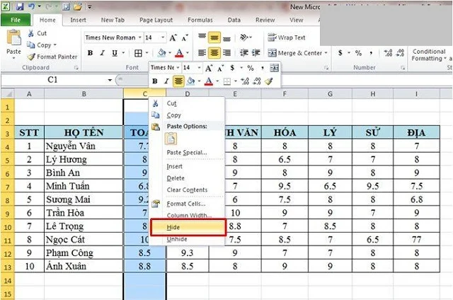 Bật mí ngay 4 cách ẩn cột trong Excel đơn giản 3 Click chuột phải vào cột cần ẩn rồi bấm chọn Hide