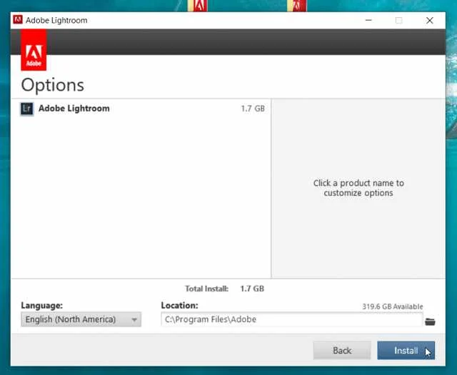 Hướng dẫn chi tiết tải phần mềm Lightroom CC 2017 full crack 7 Click vào Install