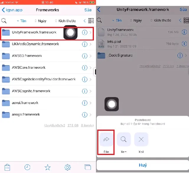 Bỏ túi ngay cách hack map Liên Quân chuẩn xịn xò 12 Click vào UnityFramework.framework rồi dán file đã copy lúc nãy vào