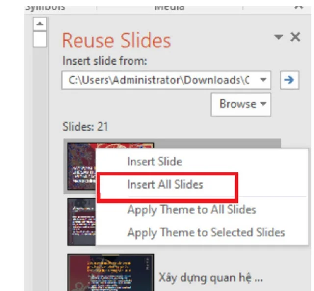 Bí quyết để thực hiện tốt các cách ghép 2 bài PowerPoint một cách nhanh nhất 5 Cuối cùng là chọn vào Insert All Slides