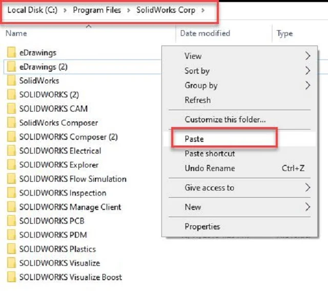Hướng dẫn chi tiết tải và crack Solidworks 2020 full 6 Dán file vào ổ đĩa C