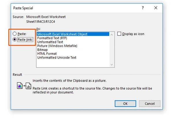 Đánh dấu tích vào link to file và chọn OK