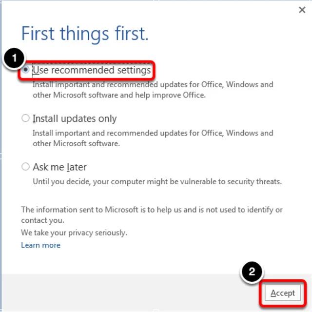 Hướng dẫn cài đặt và tải Office 2013 cực đơn giản 9 Đặt một dấu chấm vào nút radio bên cạnh mục Use Recommended Settings
