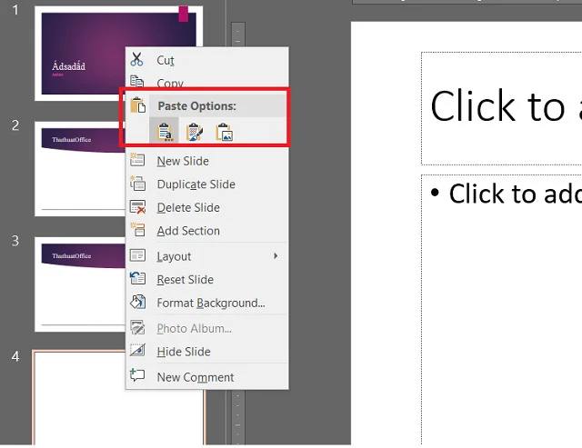 Bí quyết để sở hữu 4 cách copy slide trong PowerPoint 2010 độc, lạ và đơn giản 2 Đến slide mới rồi nhấn chuột phải và chọn paste
