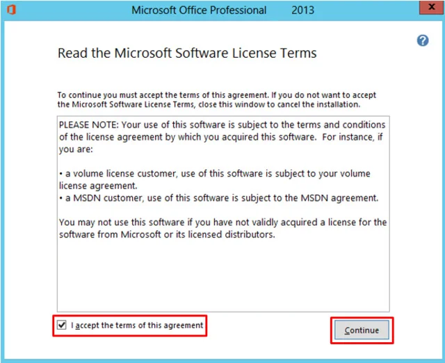 Hướng dẫn cài đặt và tải Office 2013 cực đơn giản 5 Đọc các điều khoản Cấp phép Phần mềm của Microsoft, đánh dấu vào hộp tương ứng