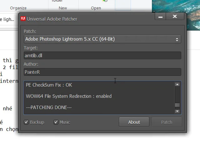 Hướng dẫn chi tiết tải phần mềm Lightroom CC 2017 full crack 13 Hiển thị thông báo kích hoạt phần mềm thành côngHiển thị thông báo kích hoạt phần mềm thành công