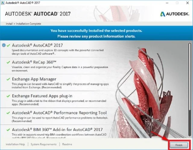 Link tải AutoCad 2017 full vĩnh viễn và hướng dẫn cài đặt đơn giản nhất 13 Hình 9: Cài đặt thành công chọn Finish