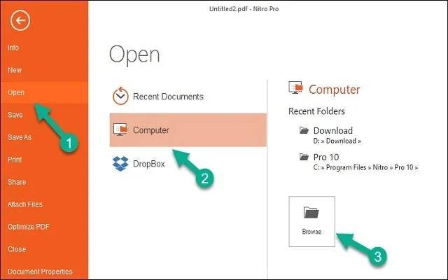 Hướng dẫn cài đặt phần mềm Nitro PDF Pro 13 mới nhất 17 Mở Nitro Pro 13, sau đó chọn Open, Computer và chọn Browse để chỉnh sửa file PDF