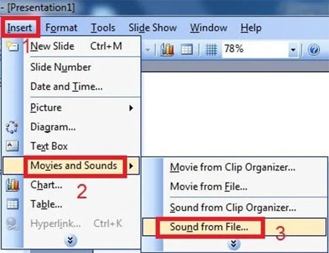 Trọn bộ 4 cách chèn nhạc vào PowerPoint đơn giản, khoa học và nhanh gọn 4 Mở file Slide rồi tìm mục “Sound from File….” để chèn nhạc