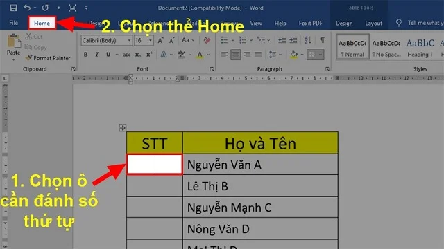 Bí quyết để sở hữu một số cách đánh số thứ tự trong Word nhanh và khoa học 2 Mở file Word rồi để con chuột vào ô đánh số và chọn thẻ Home