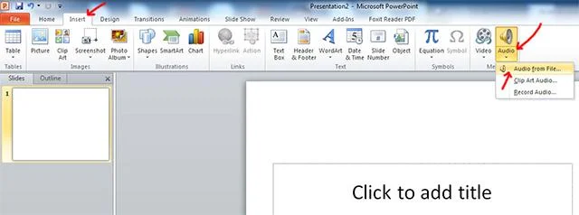Trọn bộ 4 cách chèn nhạc vào PowerPoint đơn giản, khoa học và nhanh gọn 6 Mở file rồi vào trong Audio để tìm Audio from File…