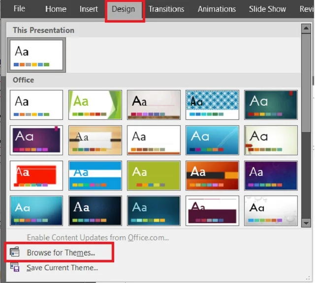 Hướng dẫn chi tiết cách đổi background trong PowerPoint 3 Nhấn Browse for Themes khi bạn không muốn sử dụng hình nền mặc định