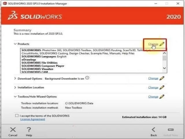 Hướng dẫn chi tiết tải và crack Solidworks 2020 full 11 Nhấn Change để thiết lập
