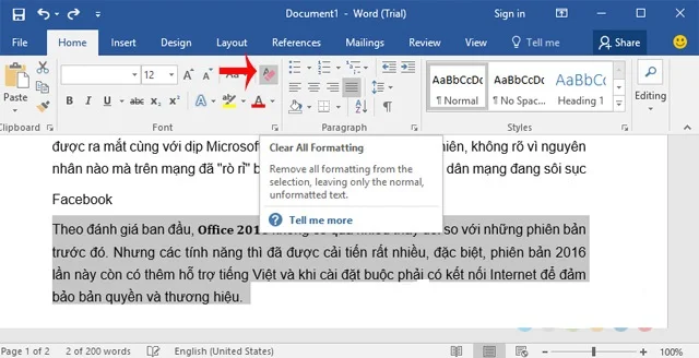 Hướng dẫn chi tiết cài đặt Word 2016 từ A đến Z và Các tính năng ấn tượng 8 Nhấn Clear All Formatting để xóa bỏ định dạng ban đầu