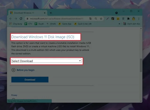 Hướng dẫn tải Win 11 ISO chính thức từ Microsoft 4 Nhấn chọn Select download window 11 disk image (ISO)